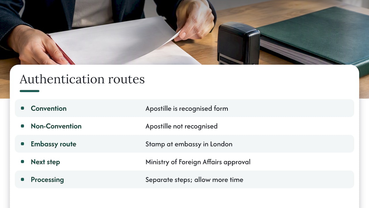 Apostille and embassy legalisation routes compared