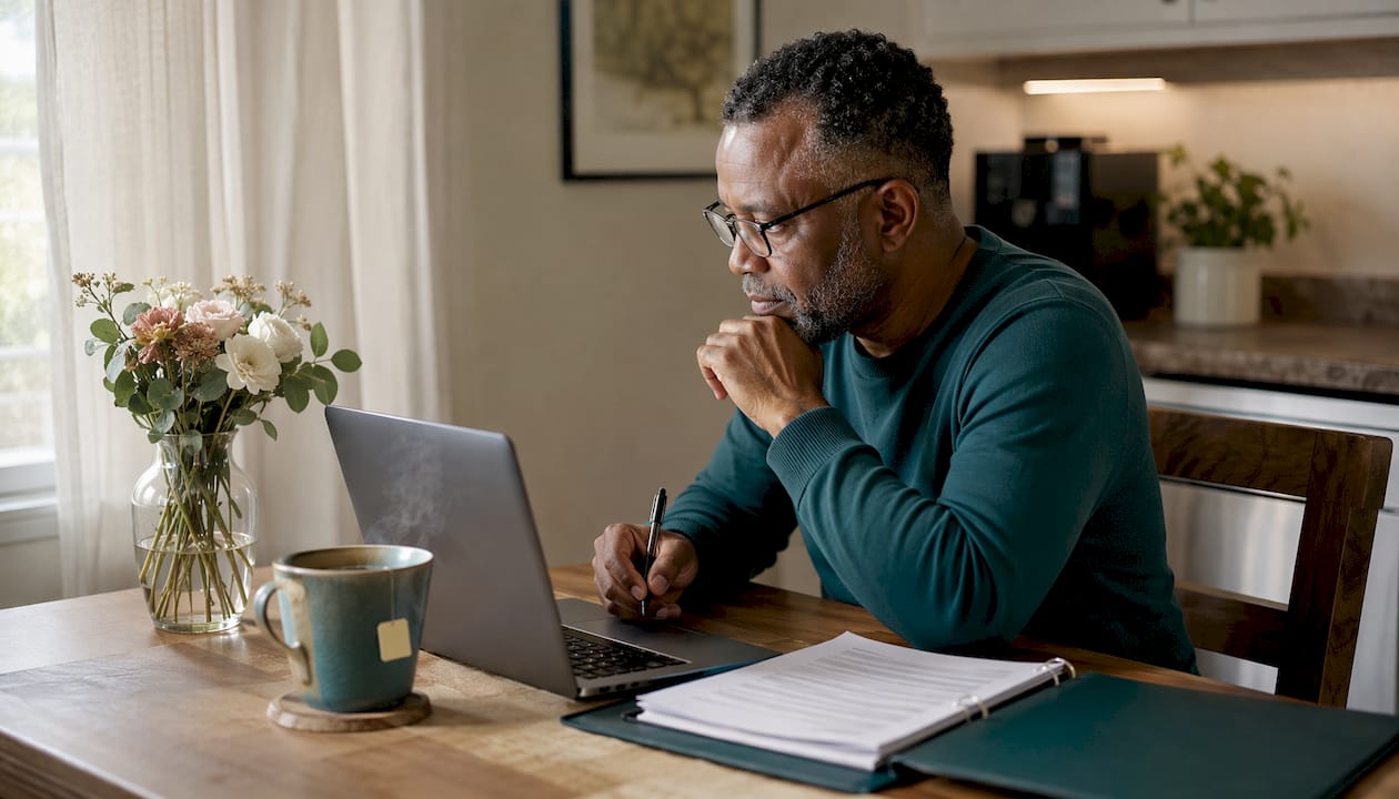 Man in home office using tablet for notarisation