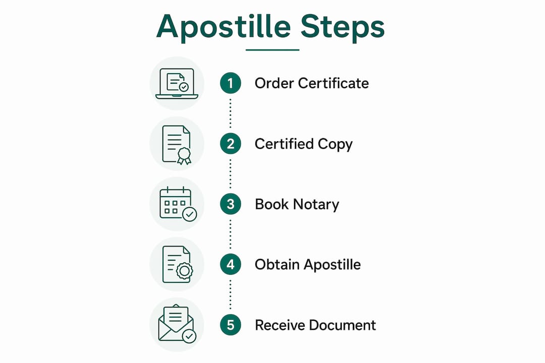 Infographic of steps to get UK birth certificate apostille
