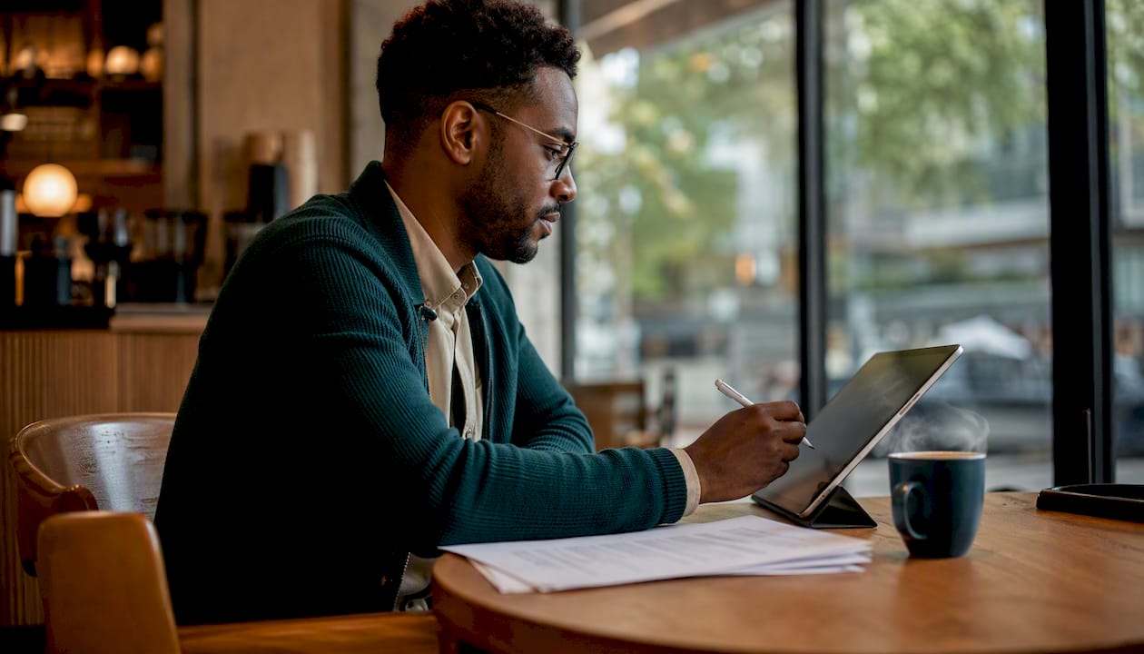 Man using digital notary service at home office