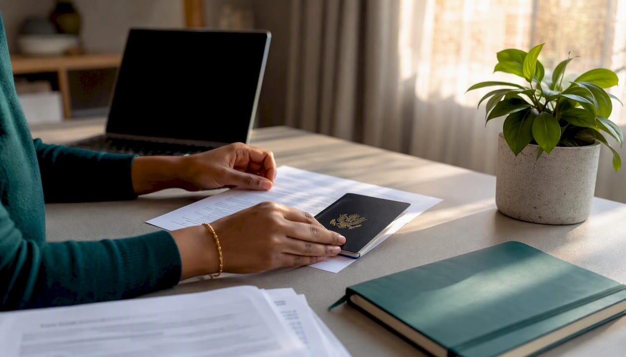 Hands preparing documents for UK online notarisation