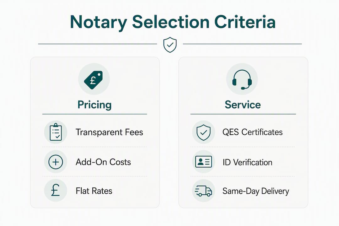 Comparison infographic of key online notary selection criteria in UK