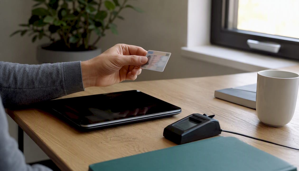 Hand holding ID next to smartphone for remote notarisation
