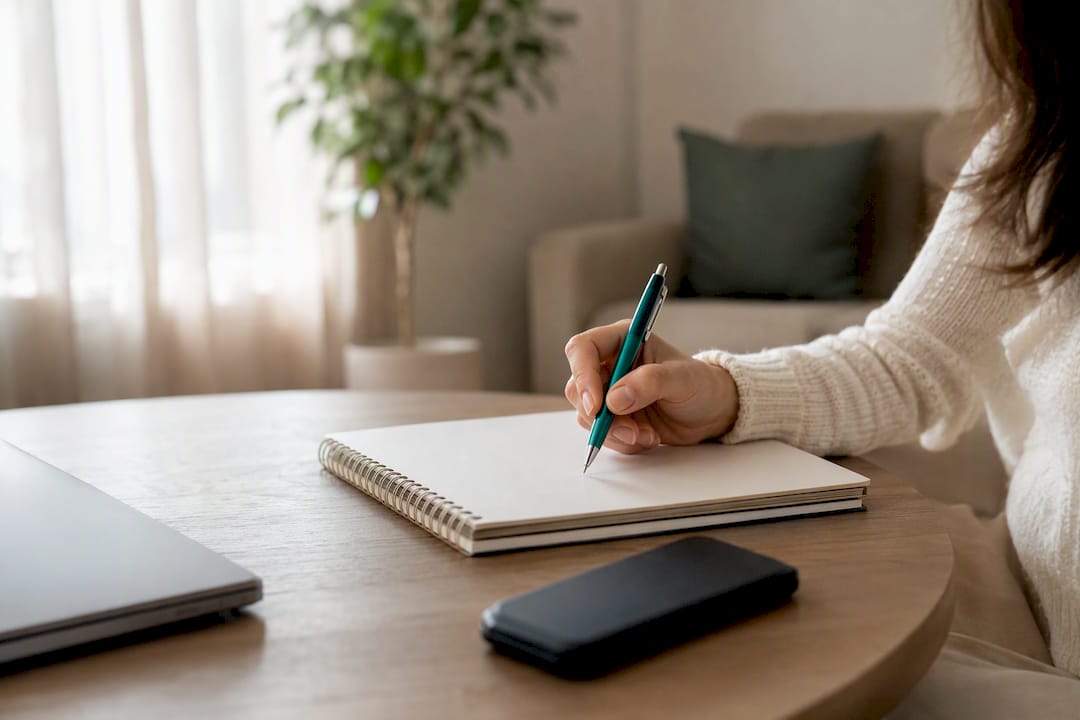 Hand poised to write note on desk