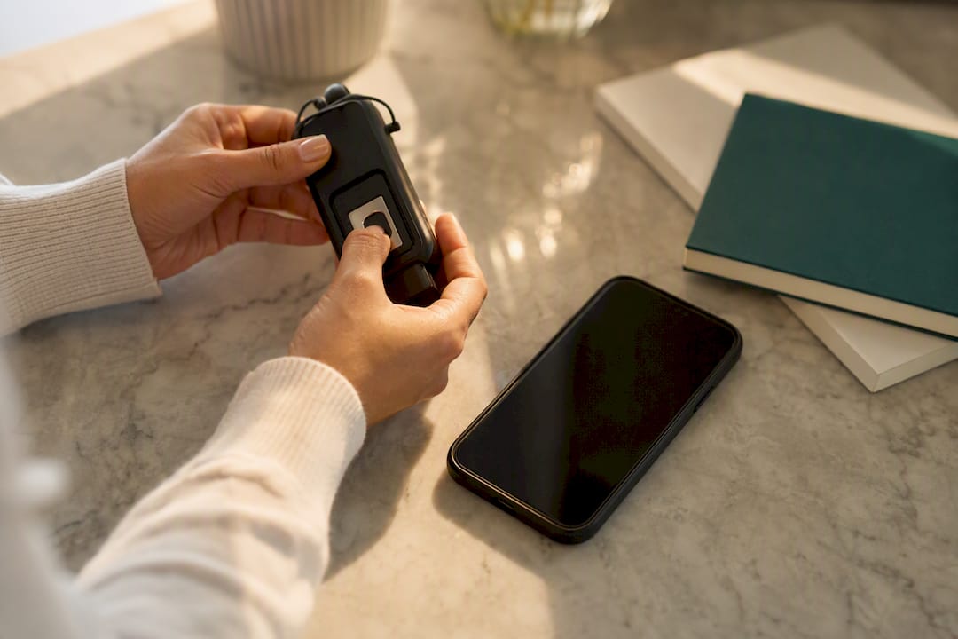 Hands using biometric device beside smartphone