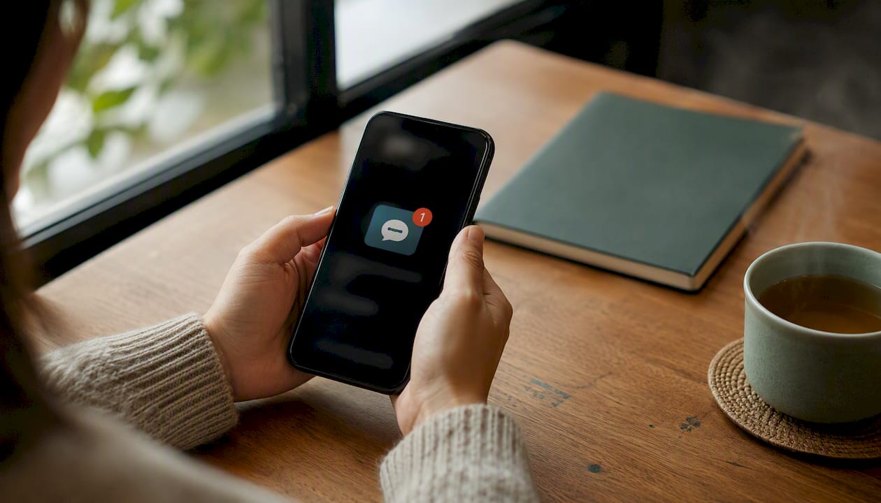 Hands holding smartphone receiving SMS code