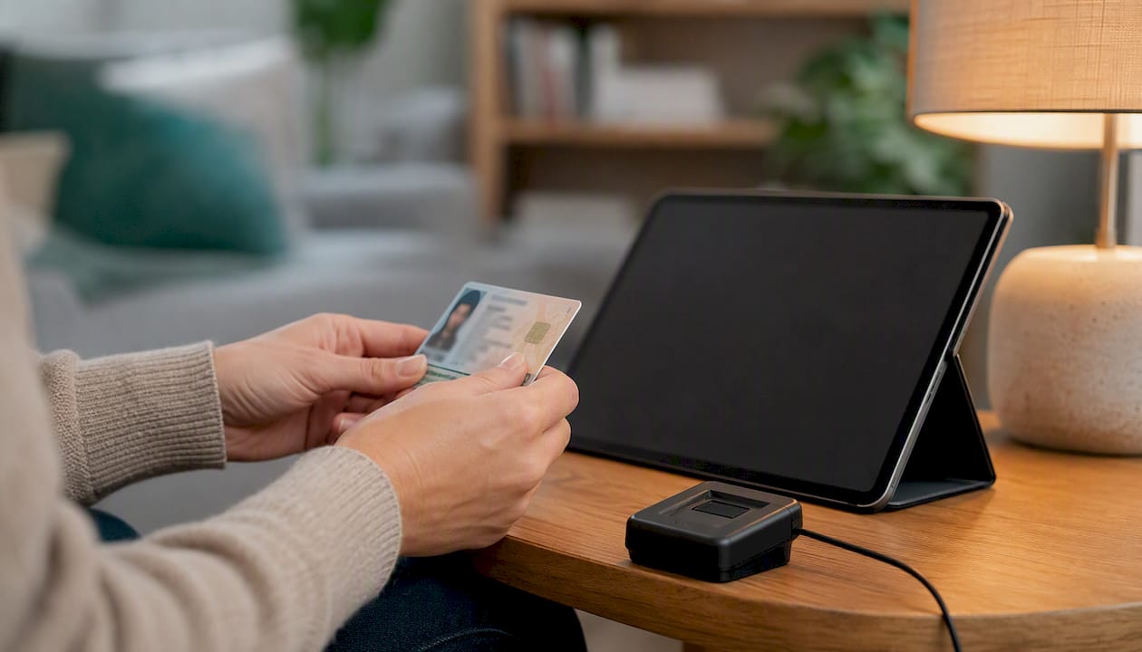Hands presenting ID for online notarisation verification