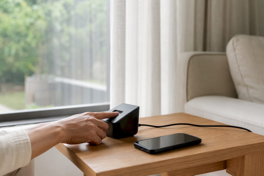 Hand using biometric scanner at home desk
