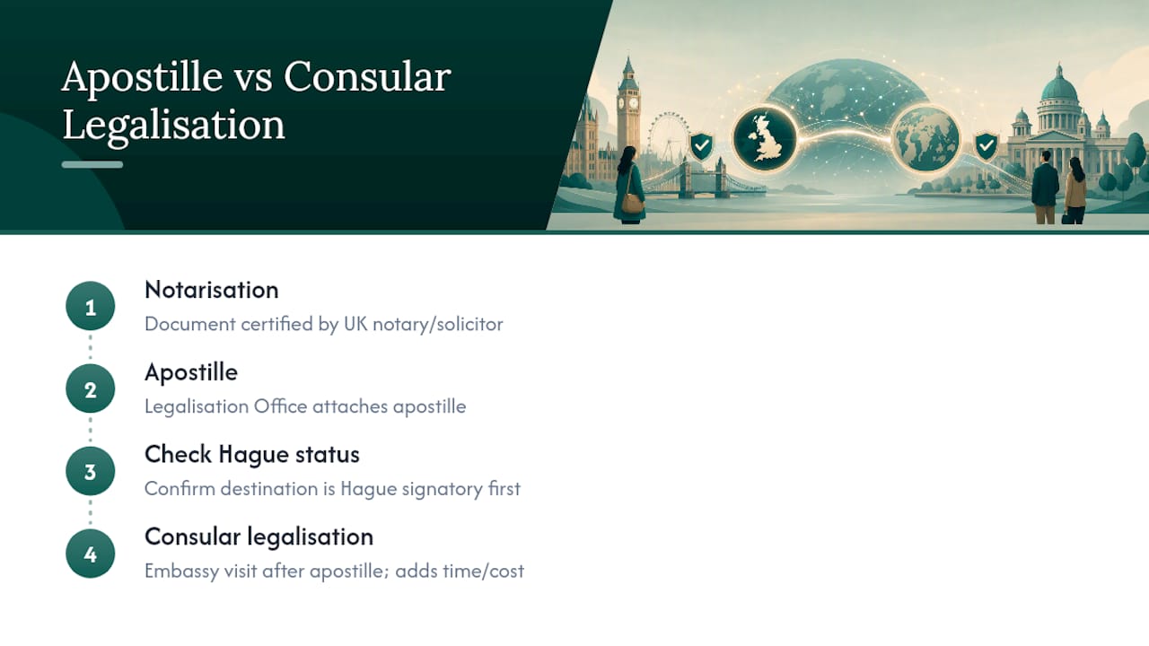 Flowchart comparing apostille and consular legalisation steps