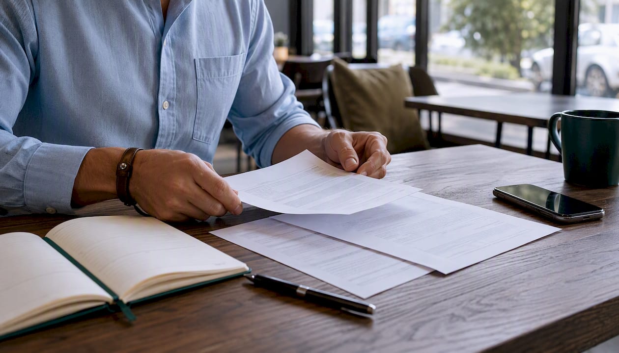 Hands arranging notarized letter format papers