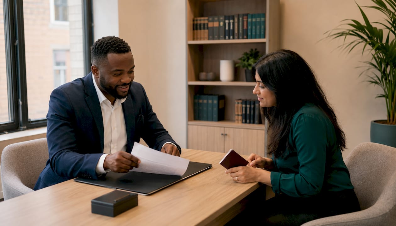 Notary explaining notarization steps to client