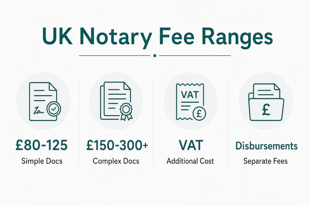 Infographic showing UK notary fee ranges for documents