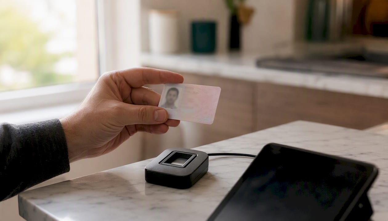 Hand holding ID card near biometric device