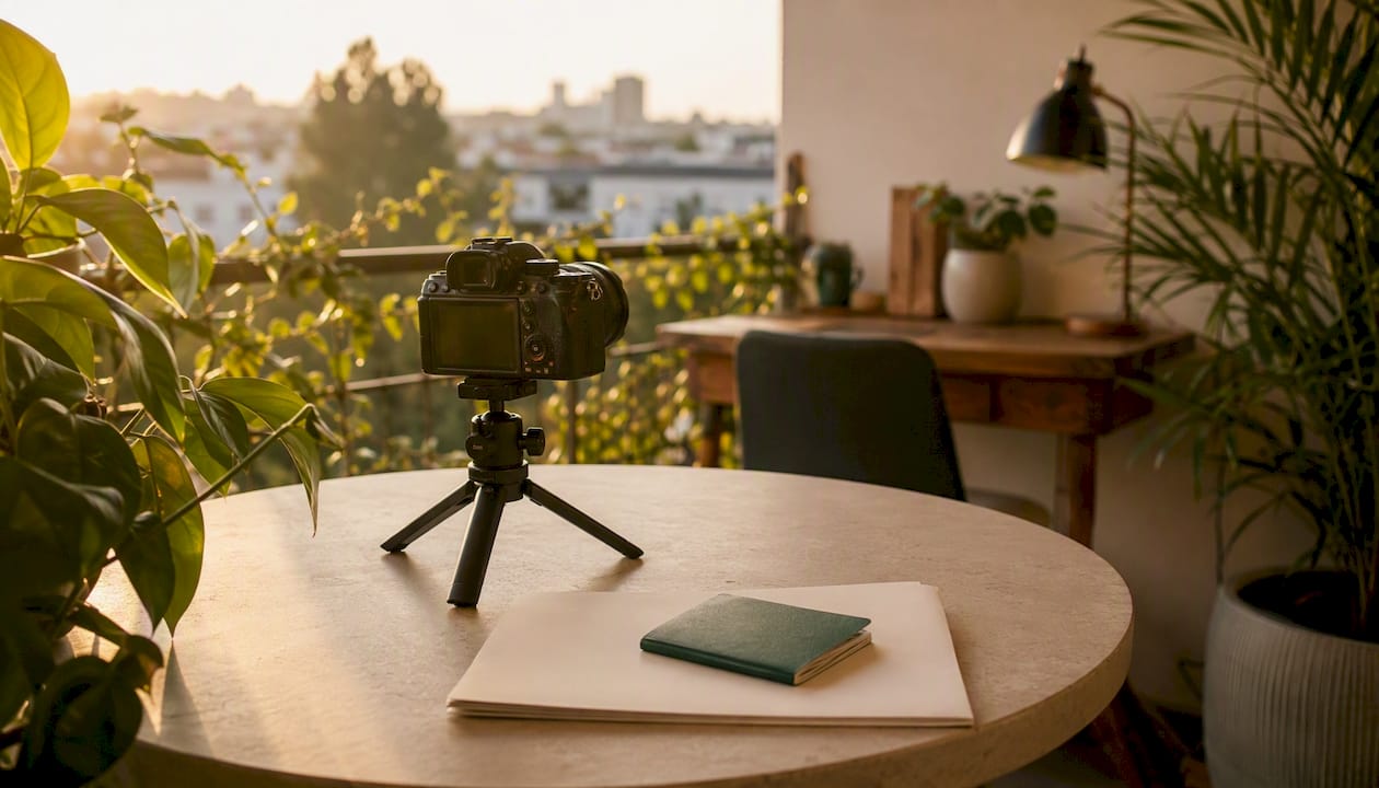 Digital camera and passport on desk for remote notarisation