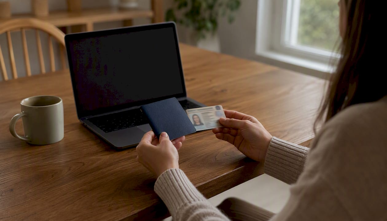 Hands holding passport and ID for online notarization