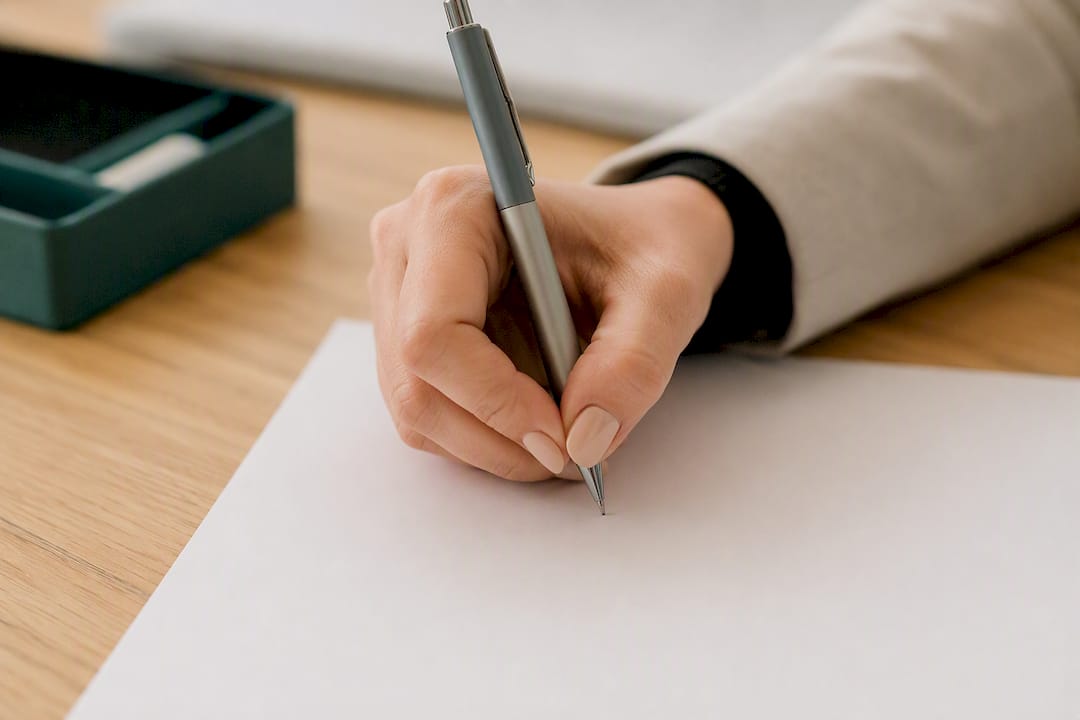 Certifier writing certification on document with pen
