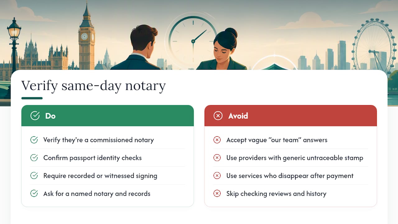 How to verify a same-day notary's credentials and legitimacy — overview diagram