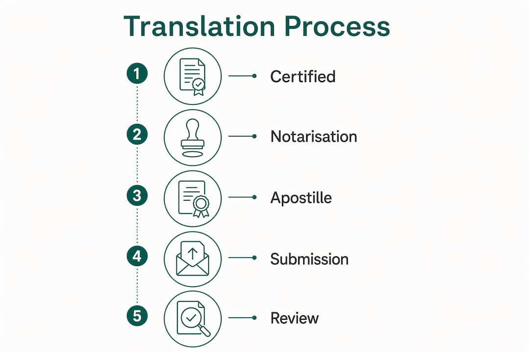 Infographic showing translation process steps with timeline and cost details