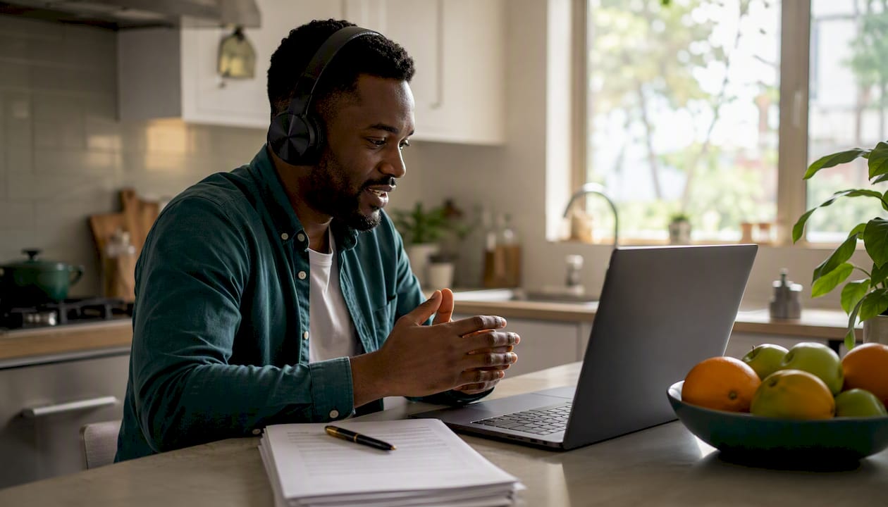 Man participating in online notarisation video call