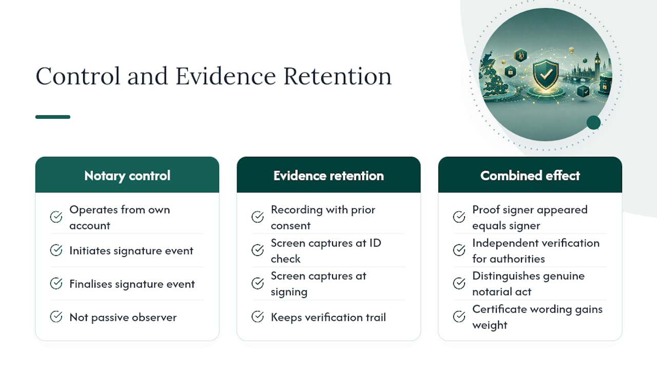 Notary control of the signing process and evidence retention — overview diagram