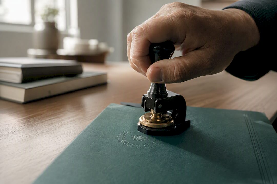 Hand embossing notary seal on legal book