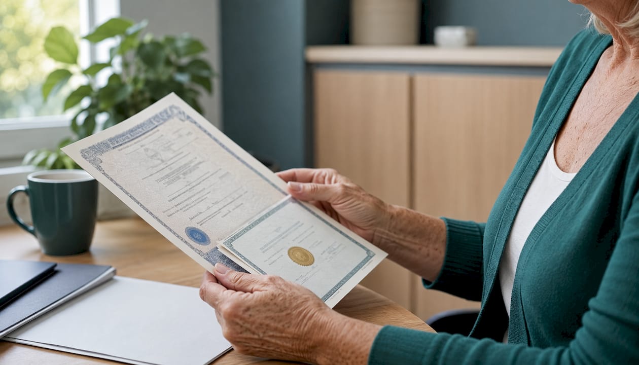 Hands holding apostilled vital record at service counter